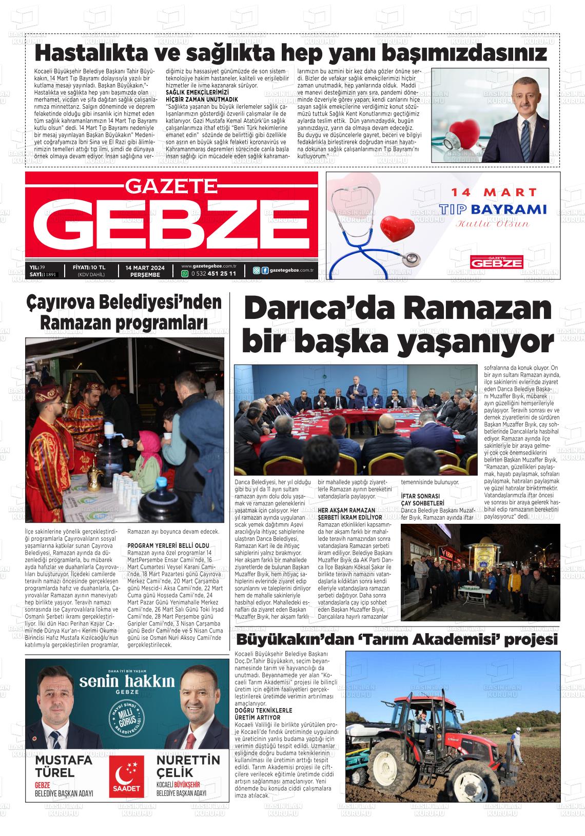 14 Mart 2024 Gebze Gazete Manşeti