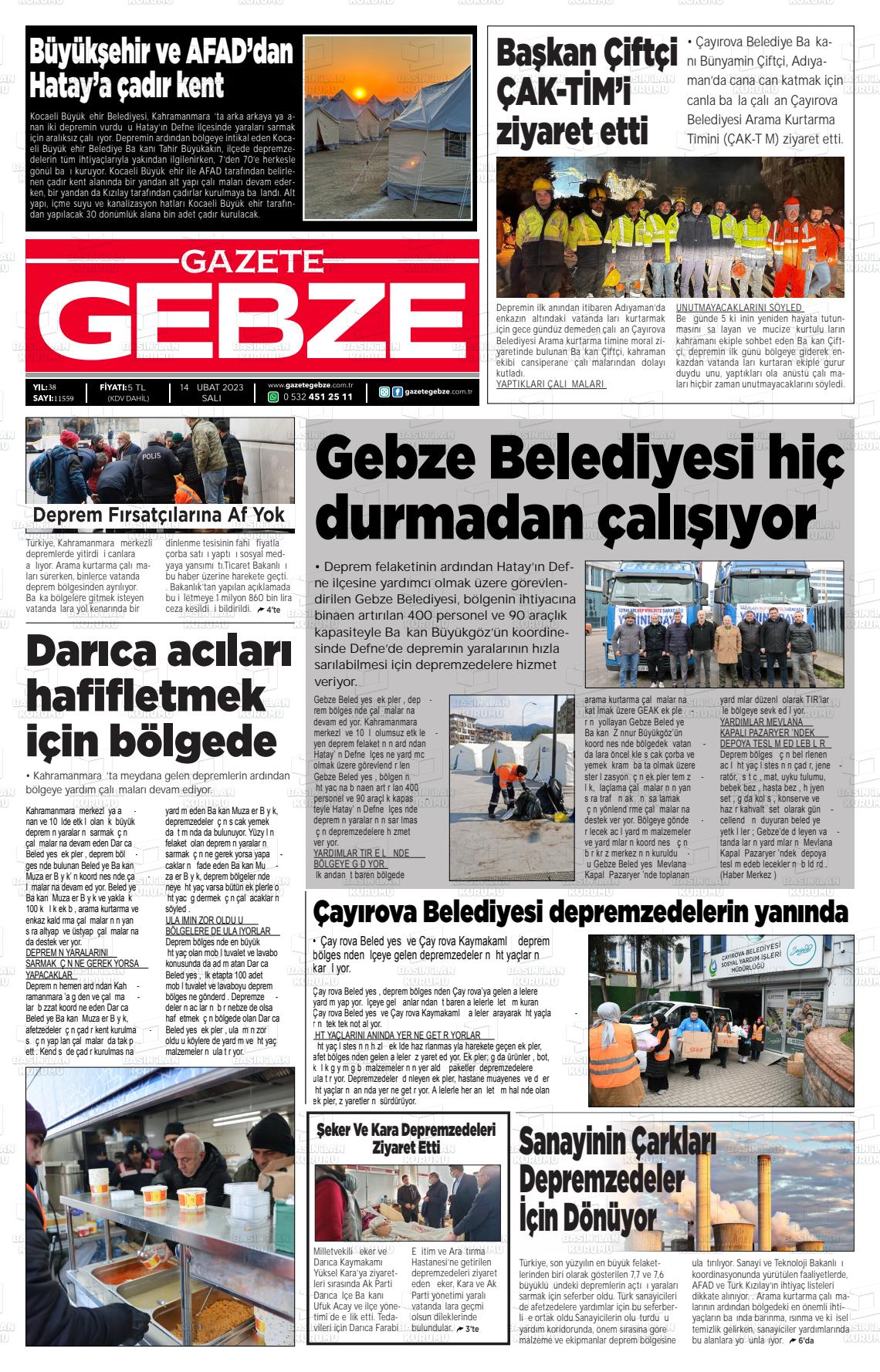 14 Şubat 2023 Gebze Gazete Manşeti