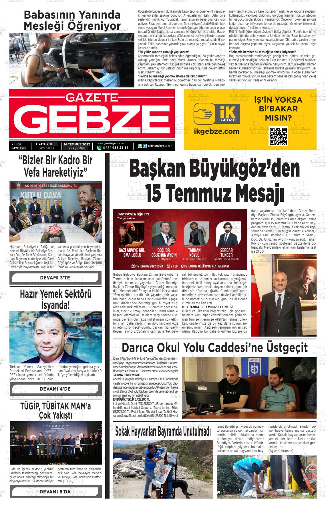 14 Temmuz 2022 Gebze Gazete Manşeti