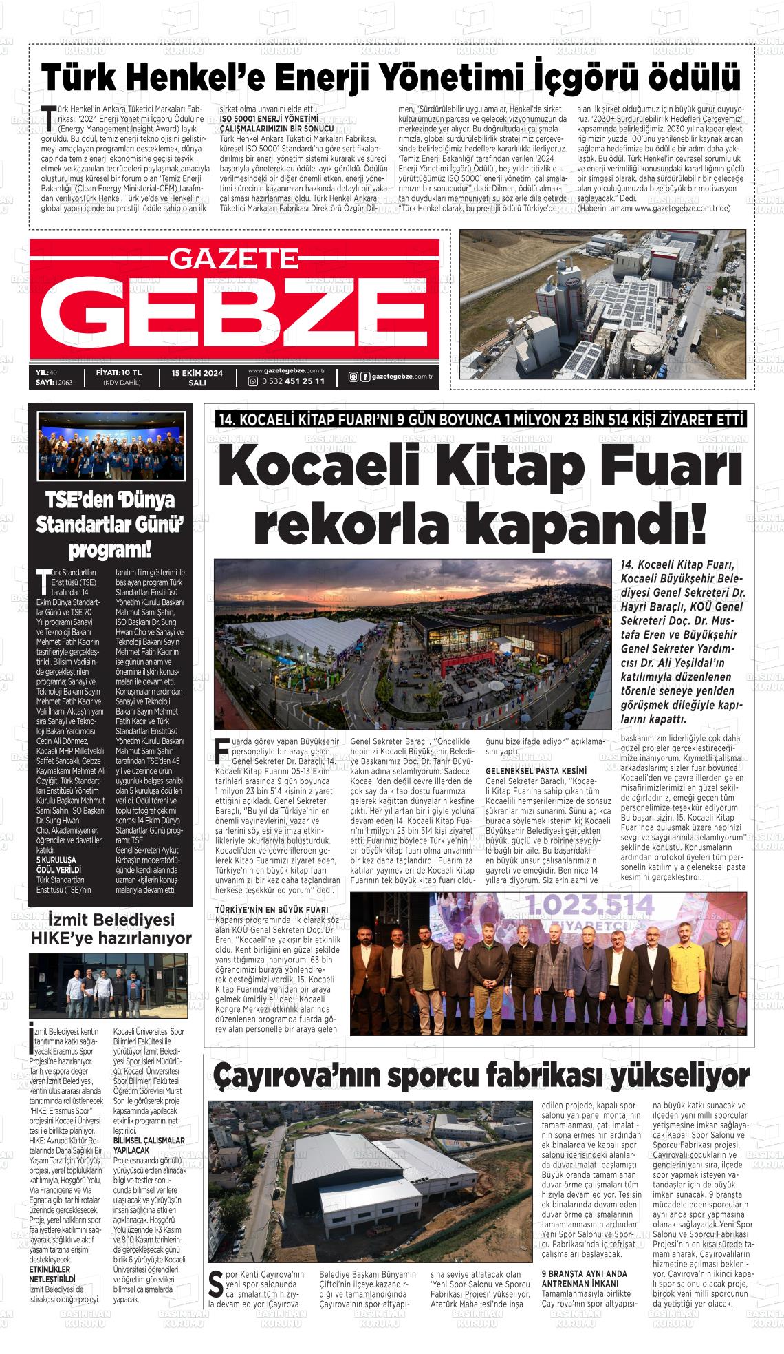 15 Ekim 2024 Gebze Gazete Manşeti