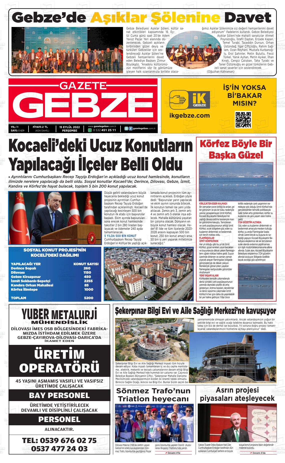 15 Eylül 2022 Gebze Gazete Manşeti