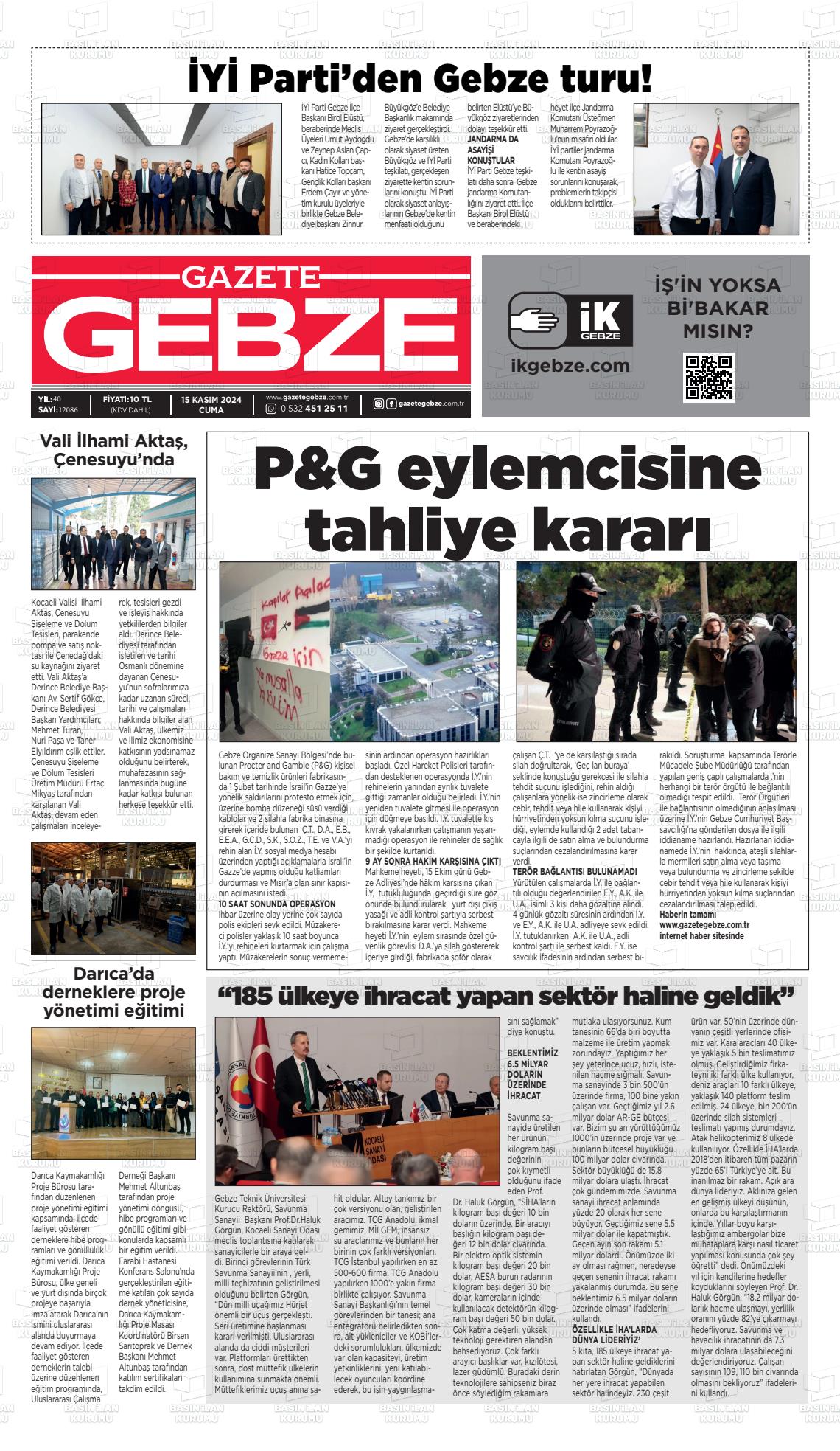 15 Kasım 2024 Gebze Gazete Manşeti