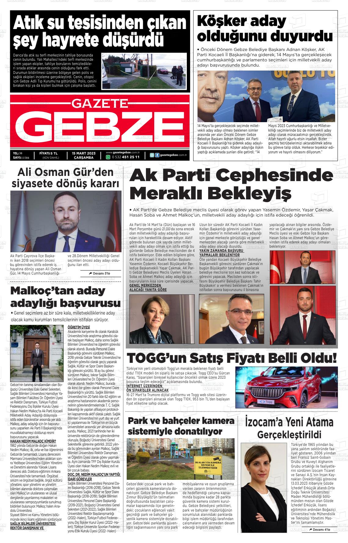 13 Mayıs 2023 Gebze Gazete Manşeti