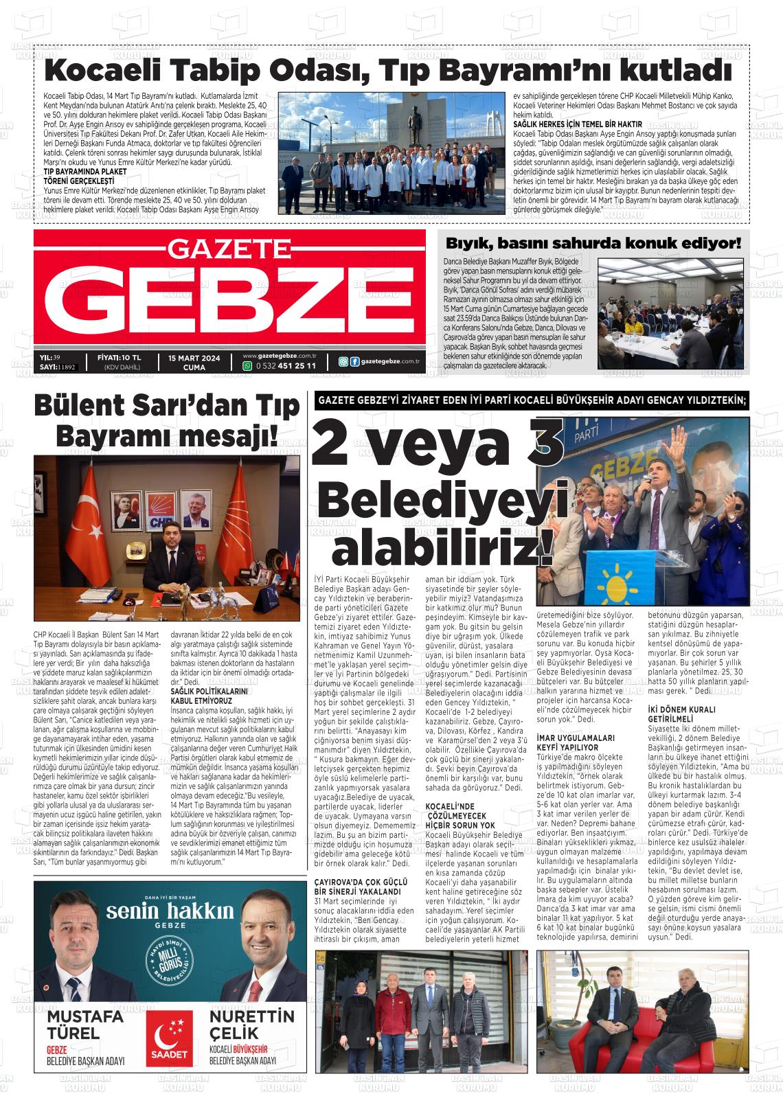 15 Mart 2024 Gebze Gazete Manşeti