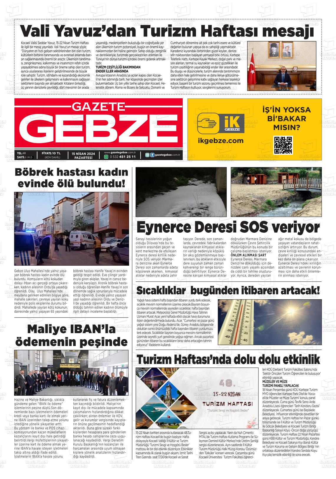 15 Nisan 2024 Gebze Gazete Manşeti