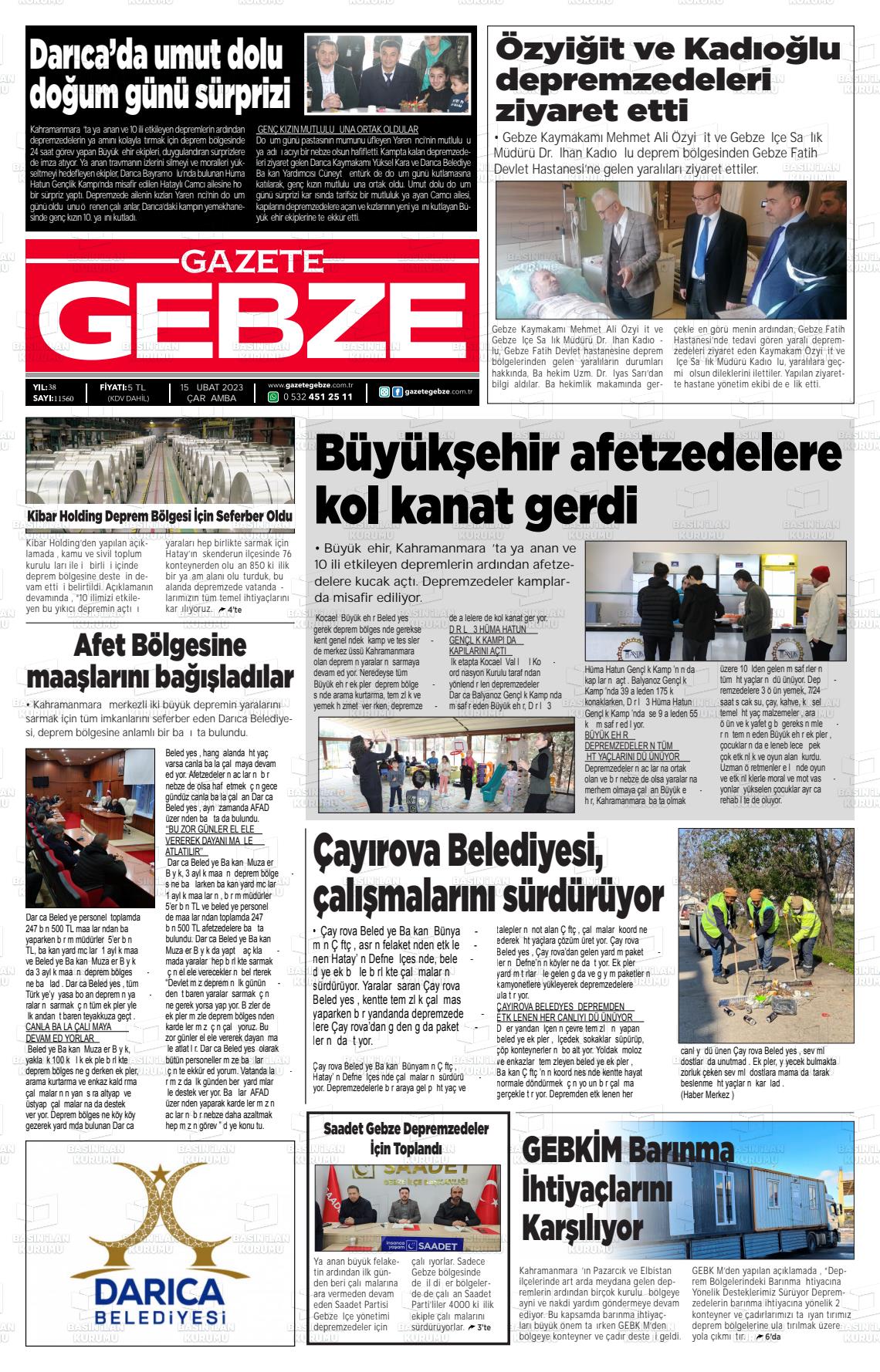 15 Şubat 2023 Gebze Gazete Manşeti