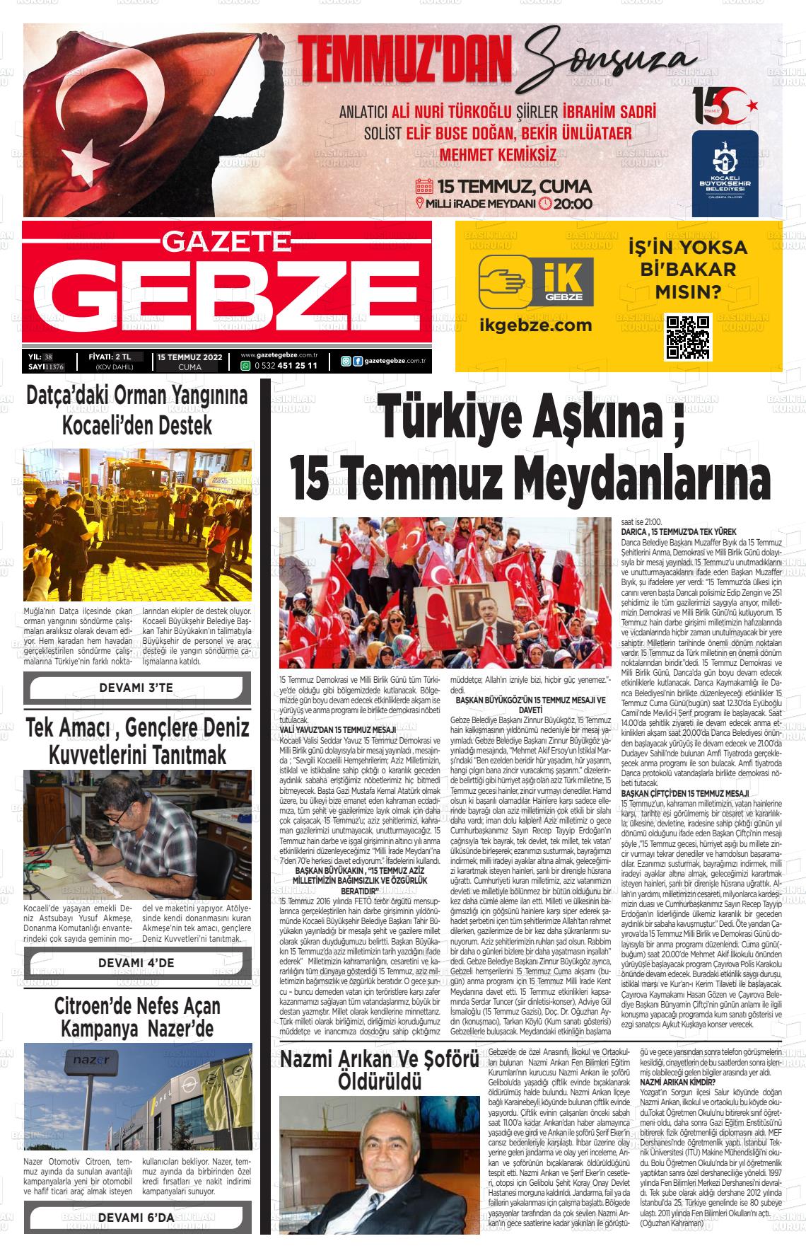 15 Temmuz 2022 Gebze Gazete Manşeti