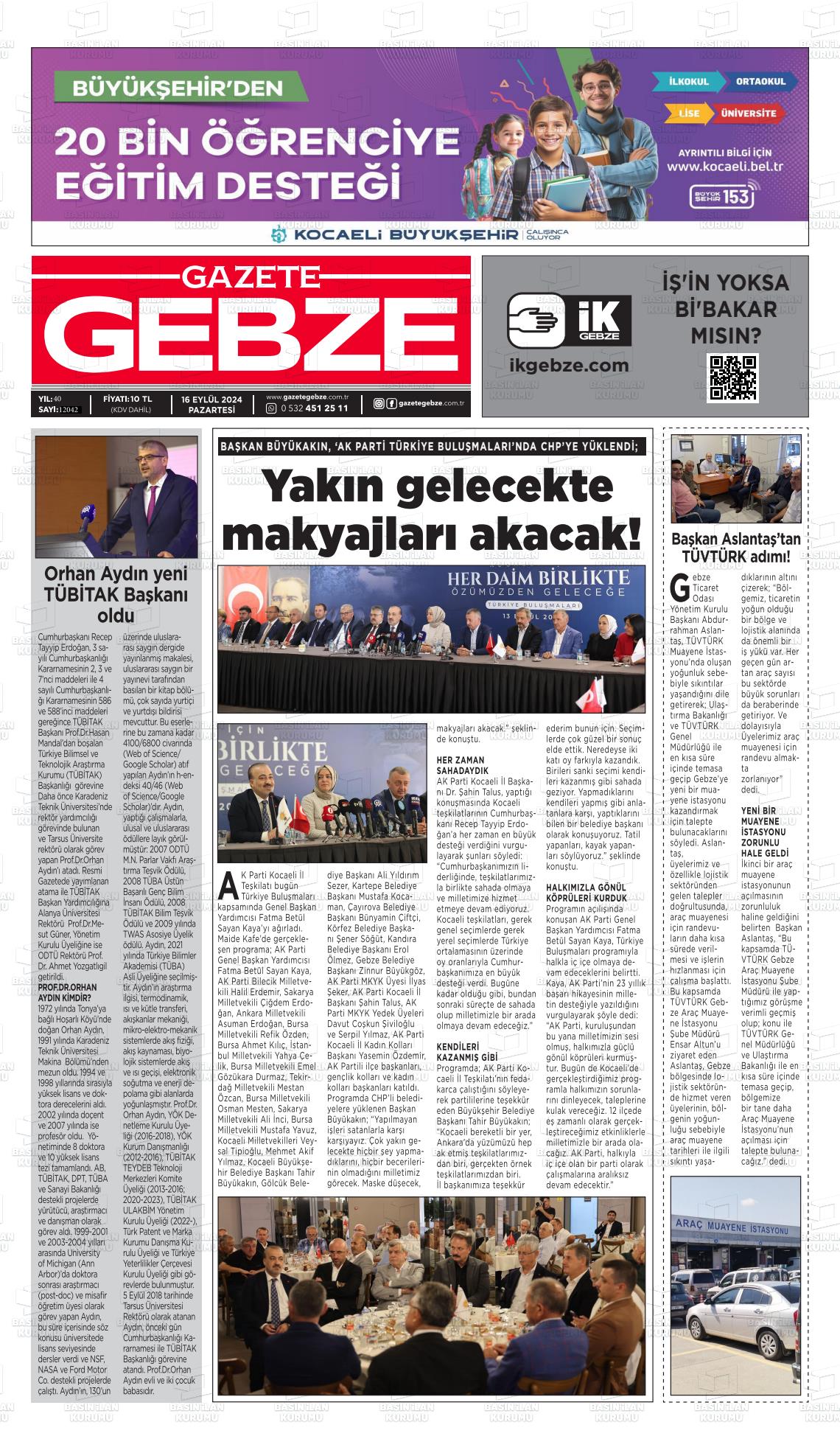 16 Eylül 2024 Gebze Gazete Manşeti