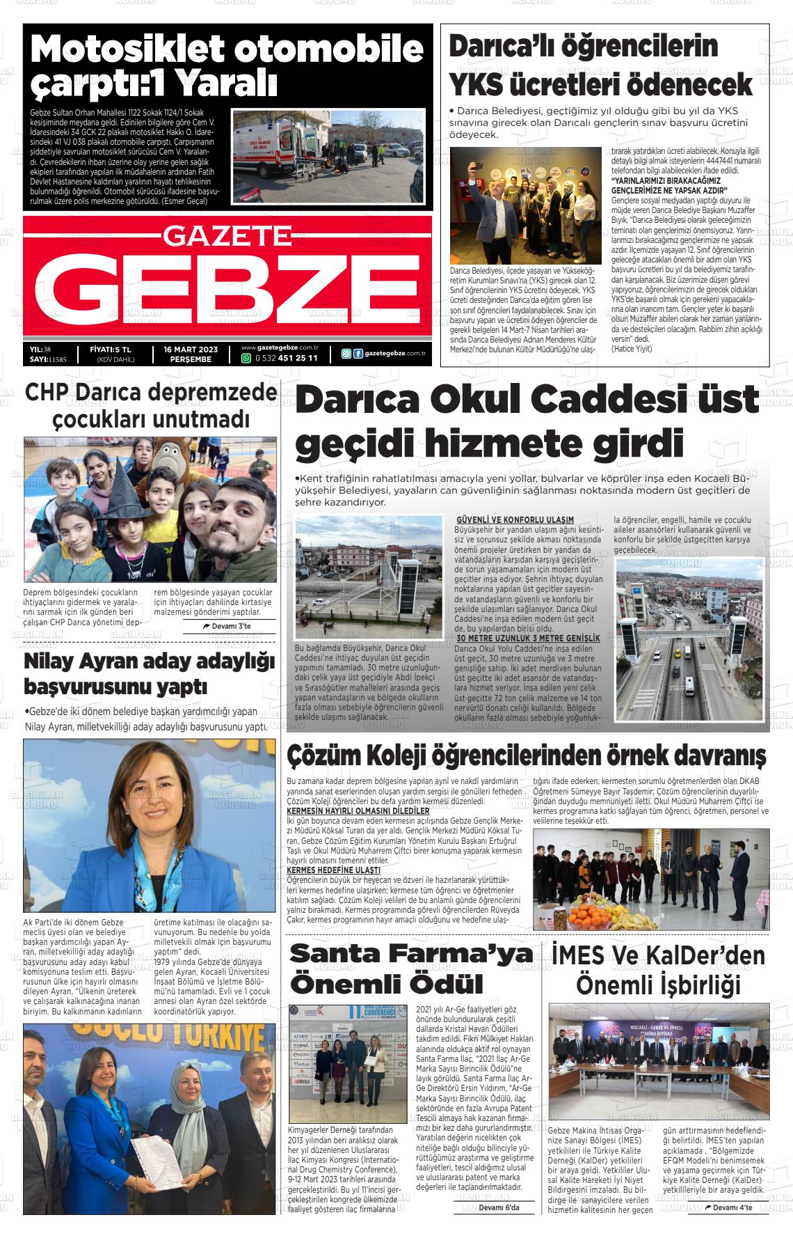 16 Mart 2023 Gebze Gazete Manşeti