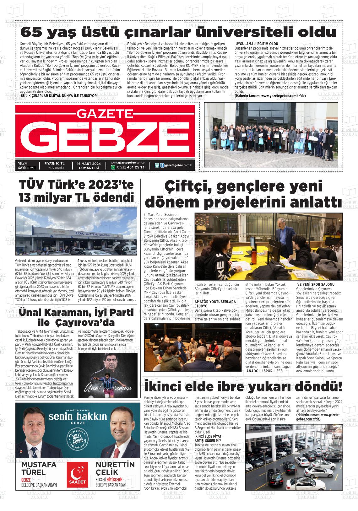 16 Mart 2024 Gebze Gazete Manşeti