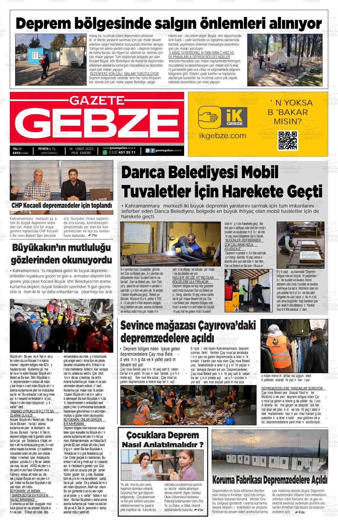 16 Nisan 2023 Gebze Gazete Manşeti