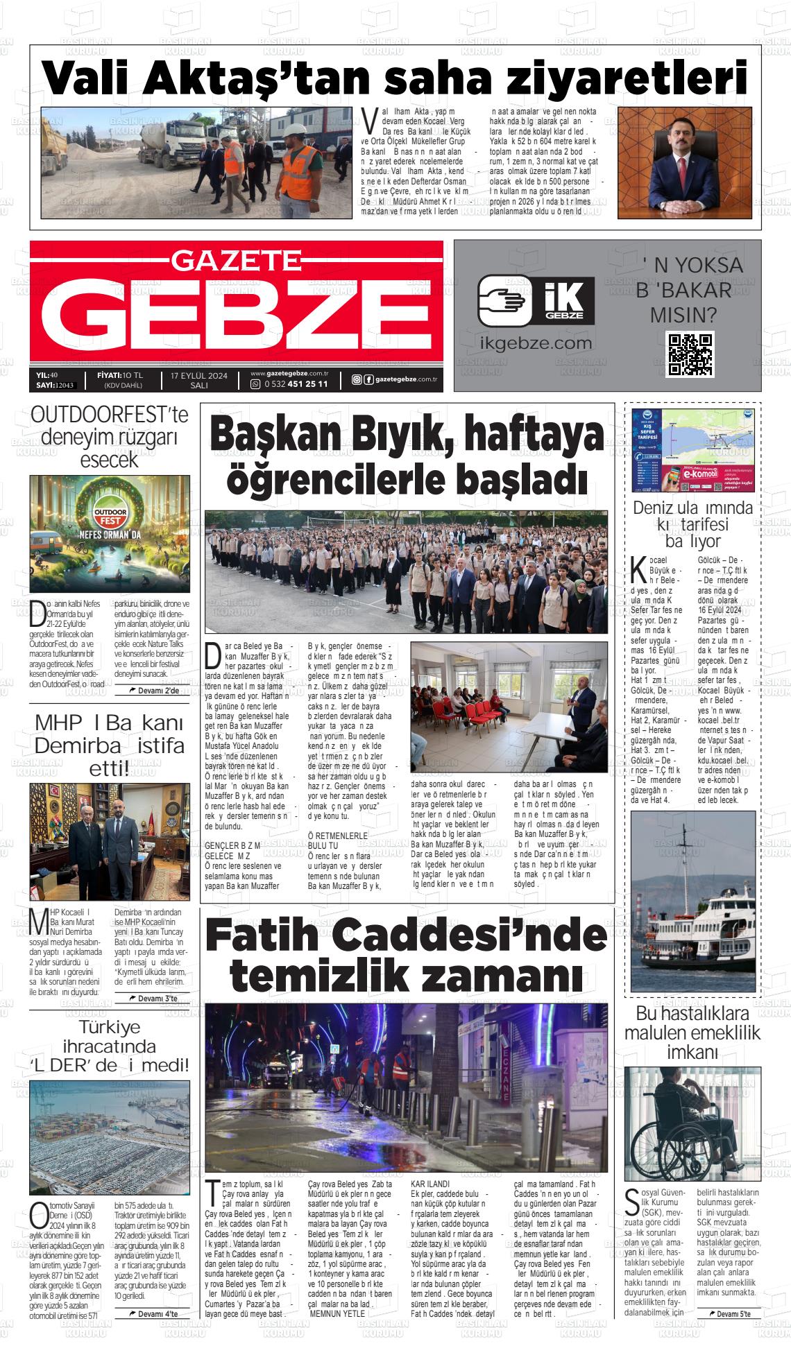 17 Eylül 2024 Gebze Gazete Manşeti