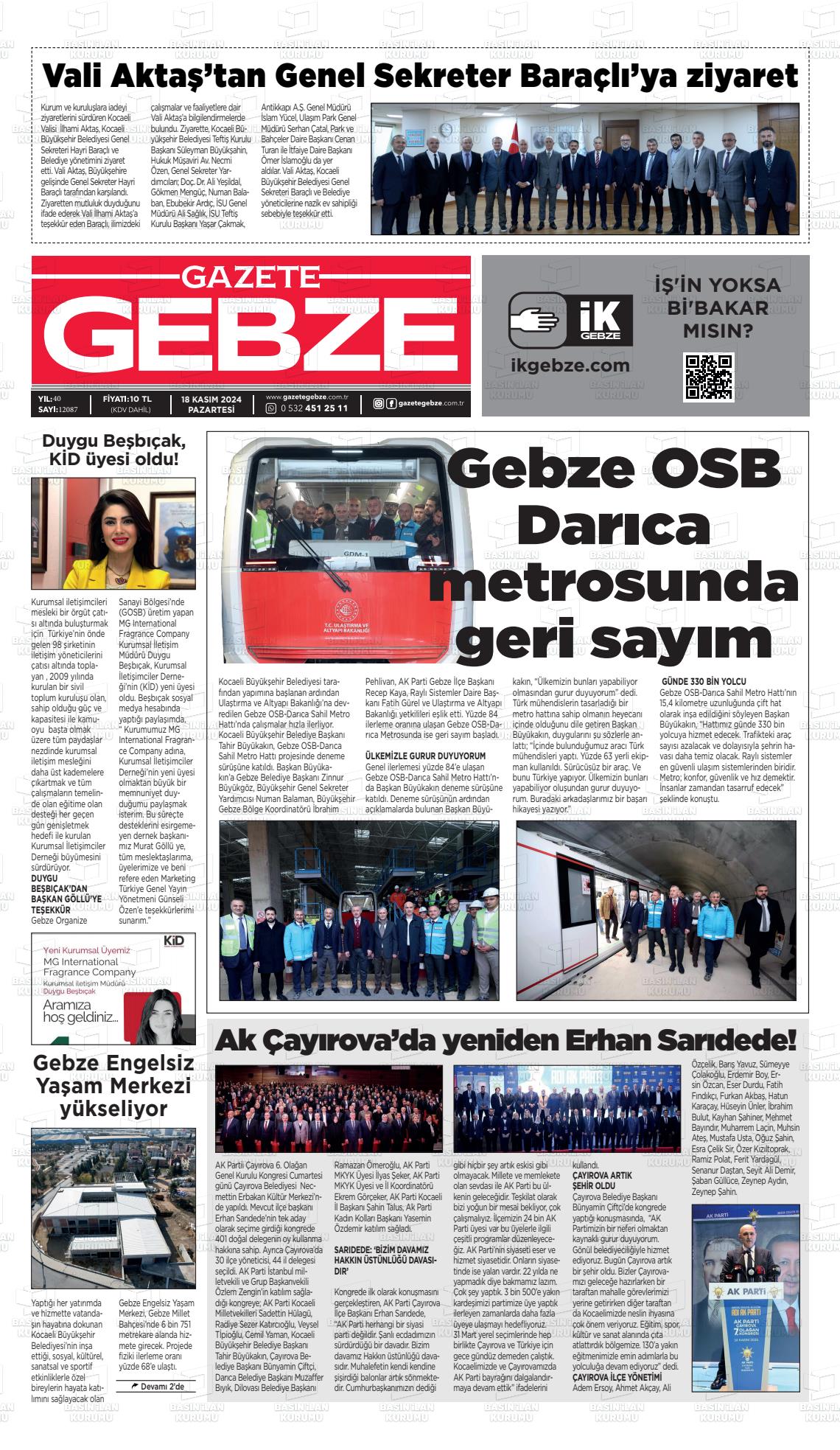 18 Kasım 2024 Gebze Gazete Manşeti