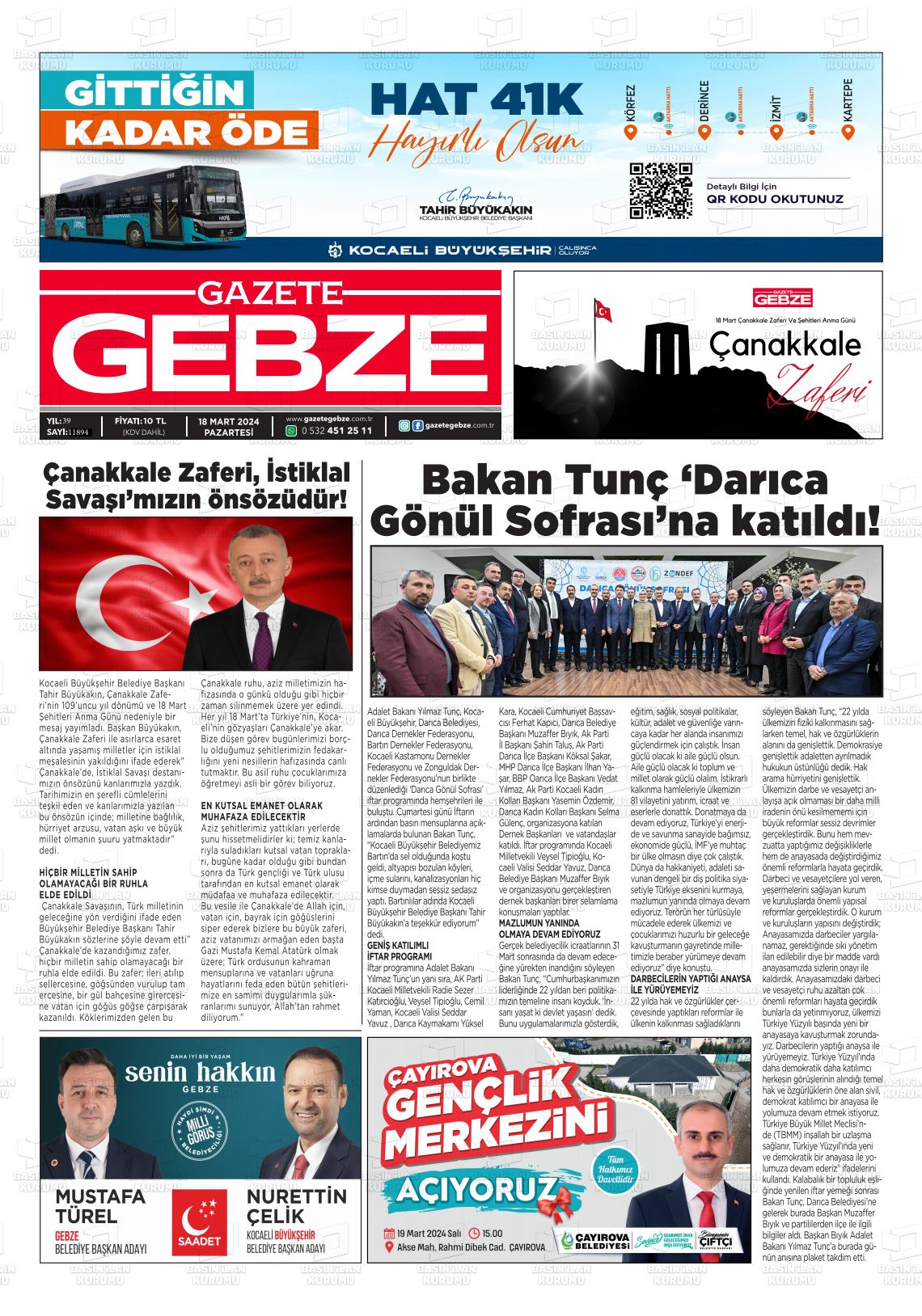 18 Mart 2024 Gebze Gazete Manşeti