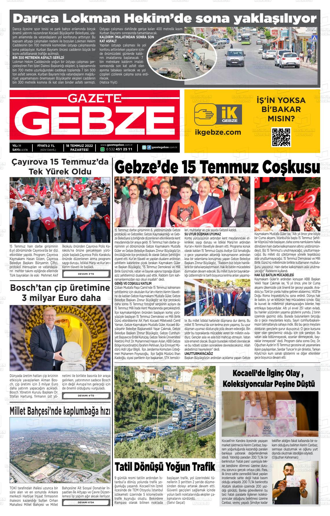 18 Temmuz 2022 Gebze Gazete Manşeti