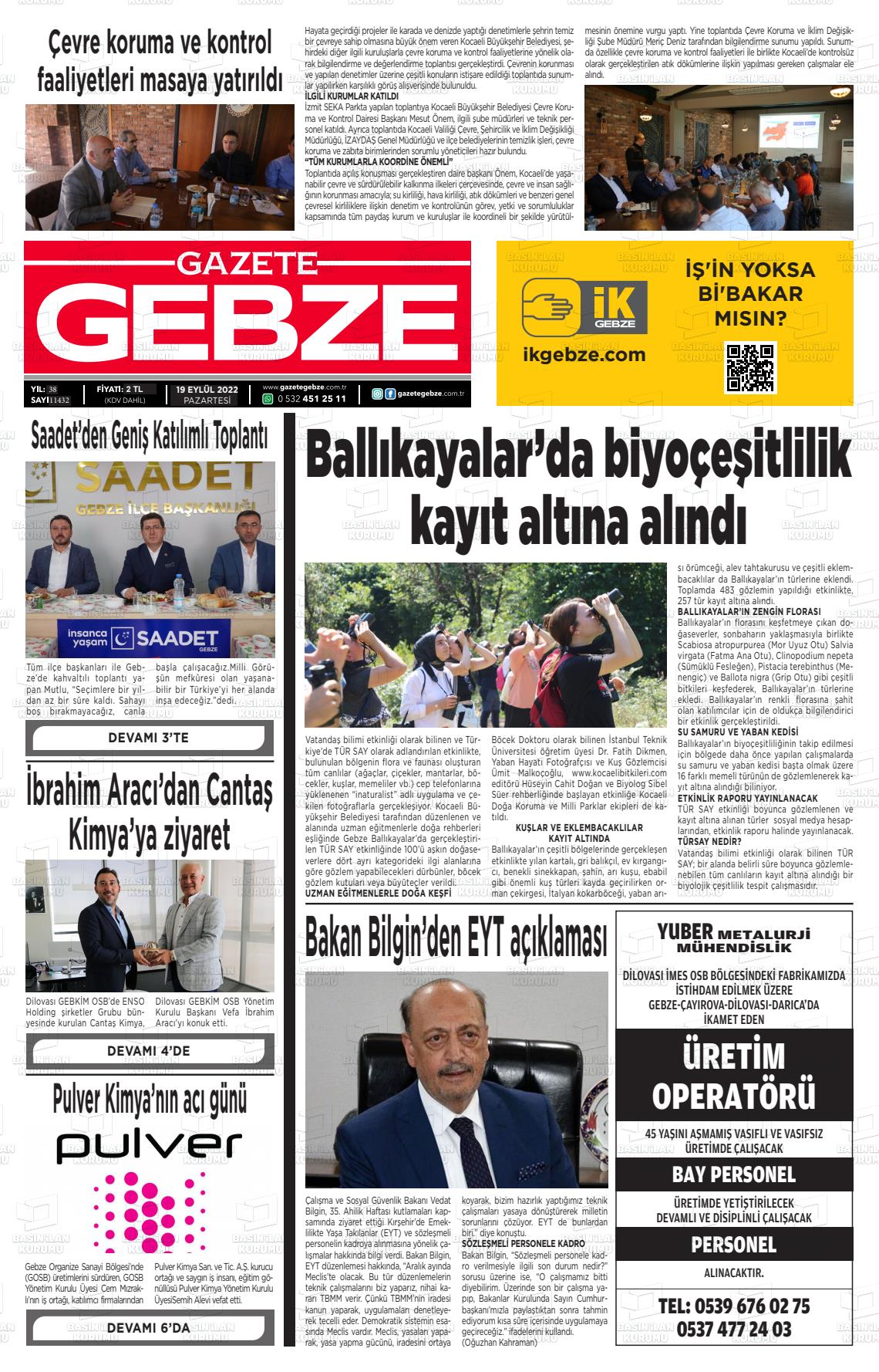 19 Eylül 2022 Gebze Gazete Manşeti