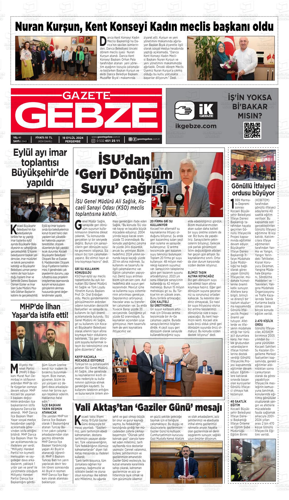 19 Eylül 2024 Gebze Gazete Manşeti