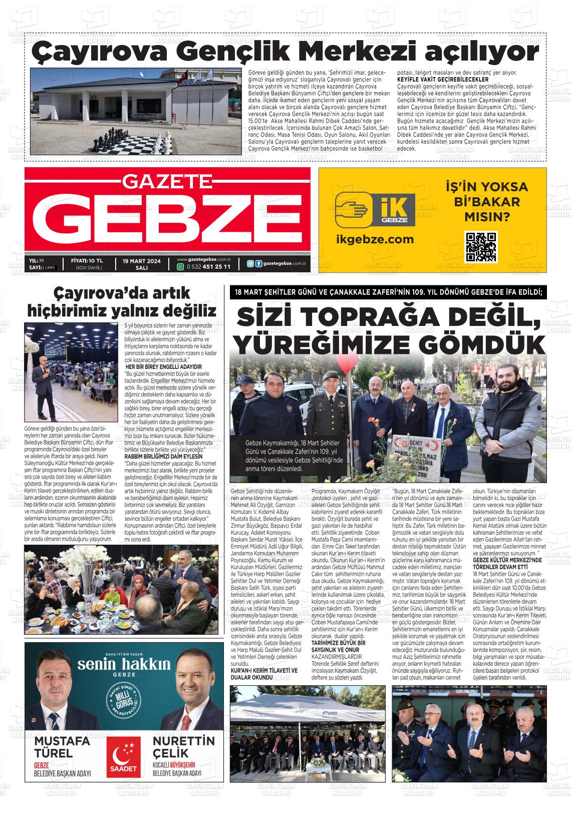 19 Mart 2024 Gebze Gazete Manşeti