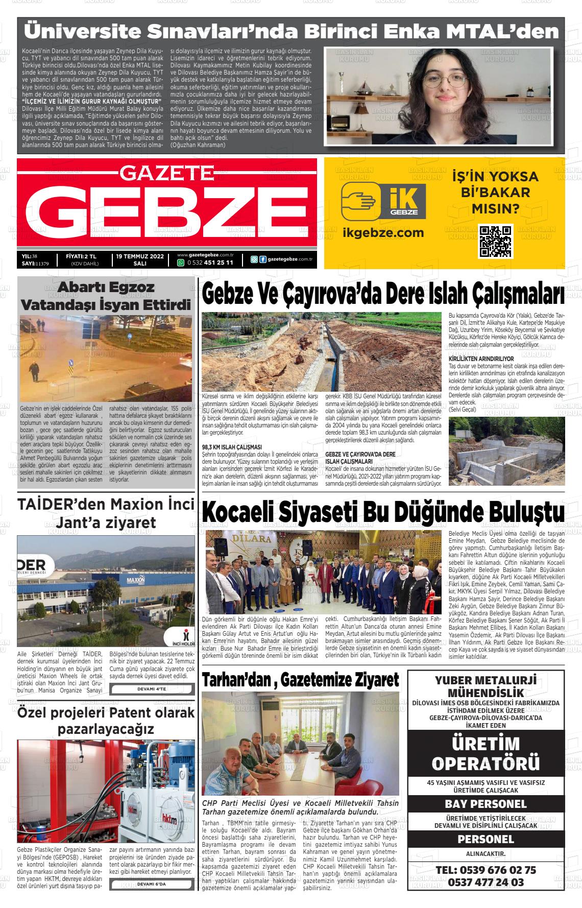 19 Temmuz 2022 Gebze Gazete Manşeti