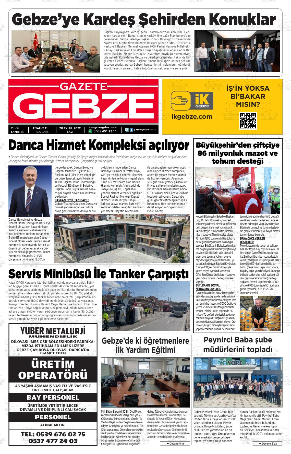 20 Eylül 2022 Gebze Gazete Manşeti