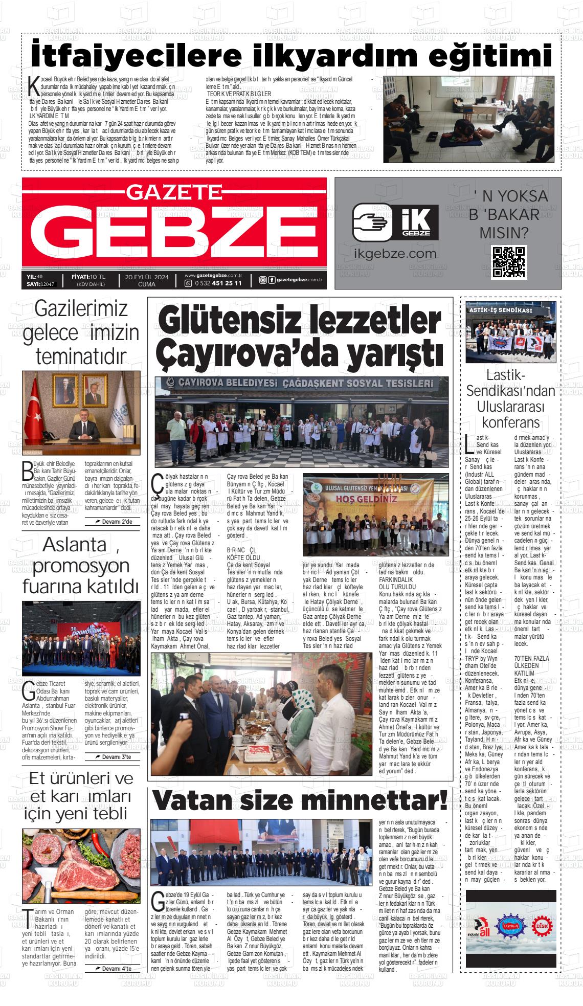 20 Eylül 2024 Gebze Gazete Manşeti