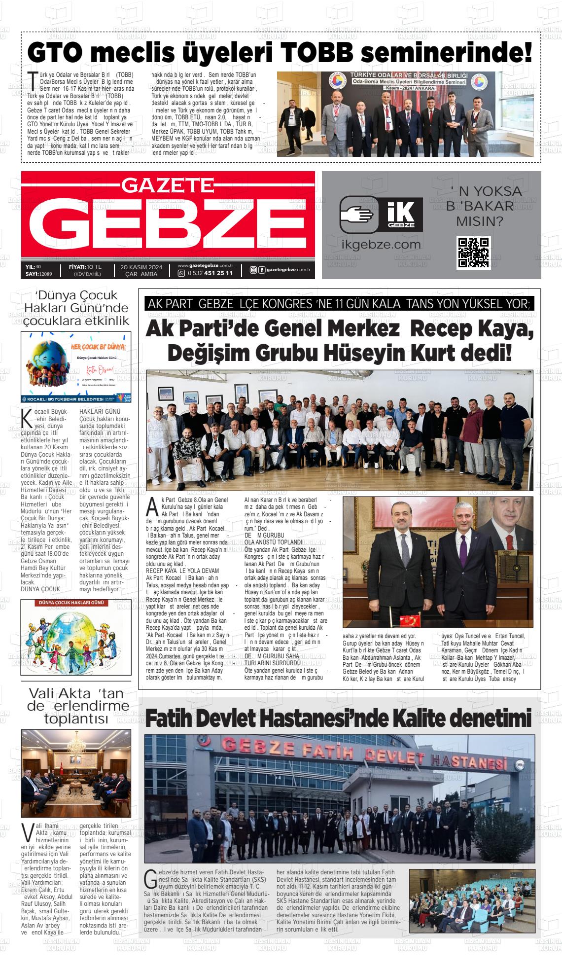 20 Kasım 2024 Gebze Gazete Manşeti