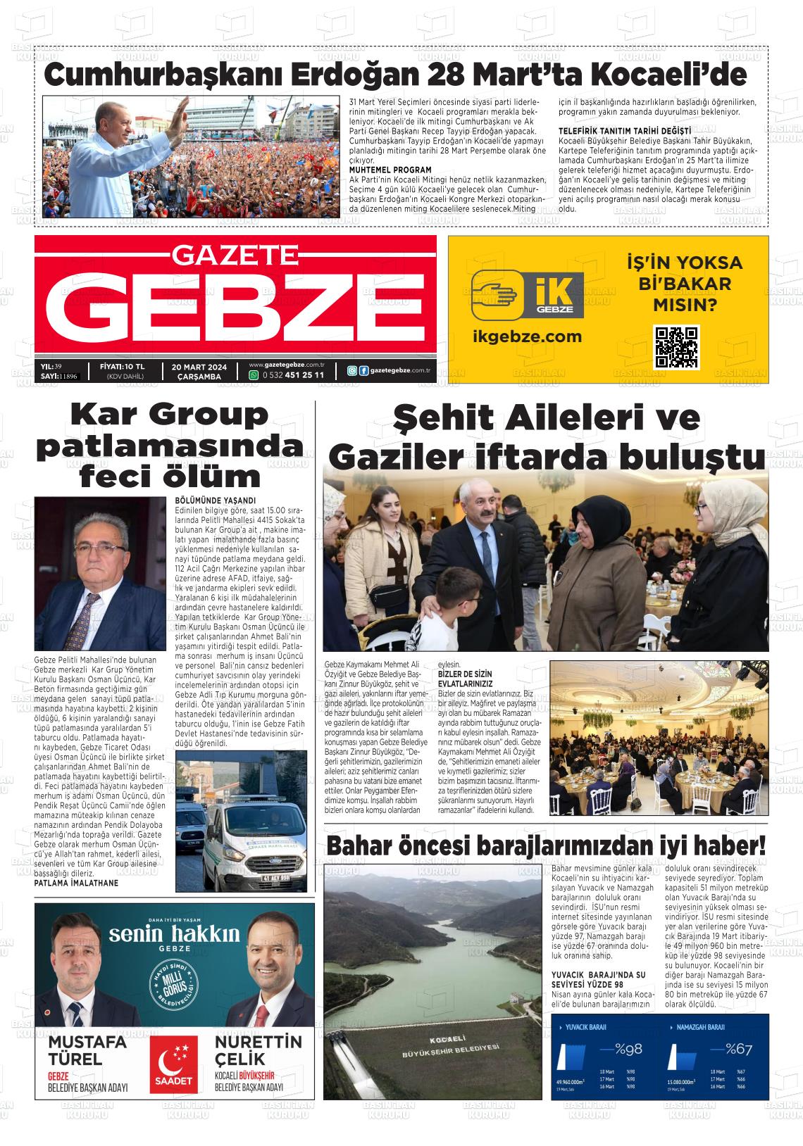 20 Mart 2024 Gebze Gazete Manşeti