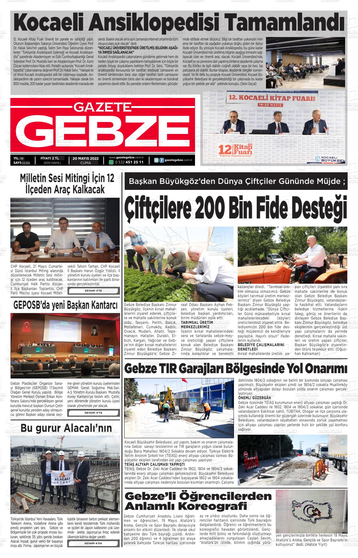 20 Mayıs 2022 Gebze Gazete Manşeti