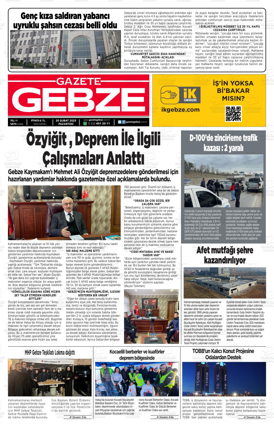 20 Şubat 2023 Gebze Gazete Manşeti