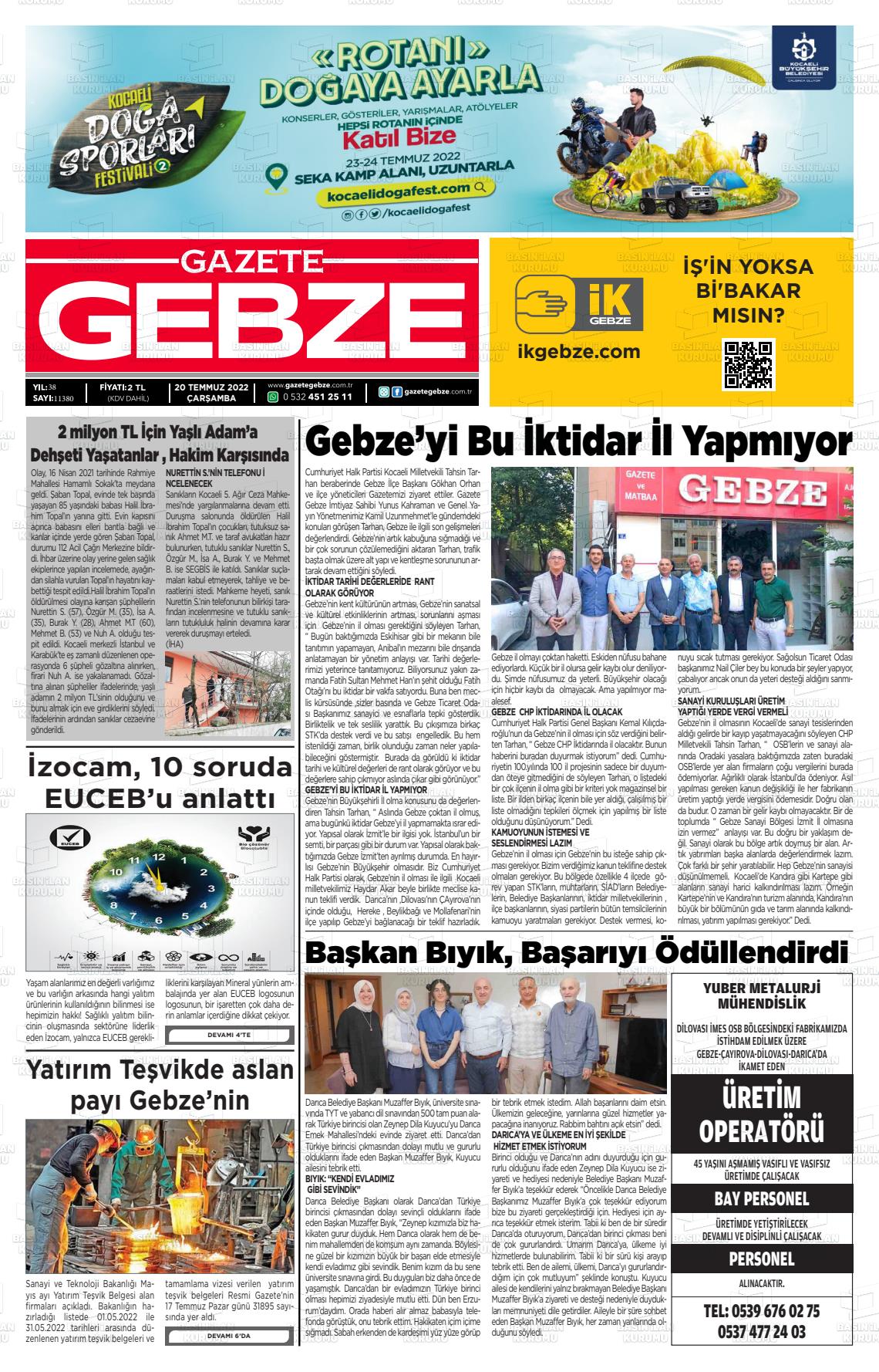 20 Temmuz 2022 Gebze Gazete Manşeti