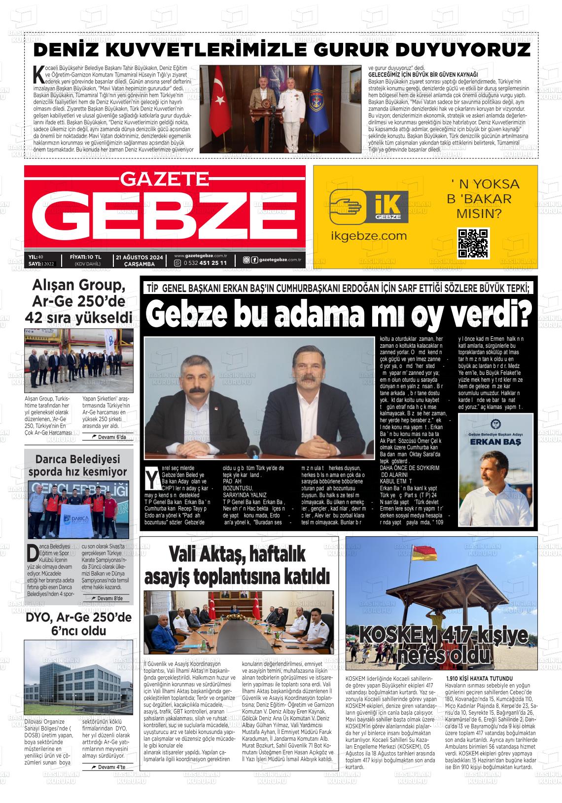 21 Ağustos 2024 Gebze Gazete Manşeti