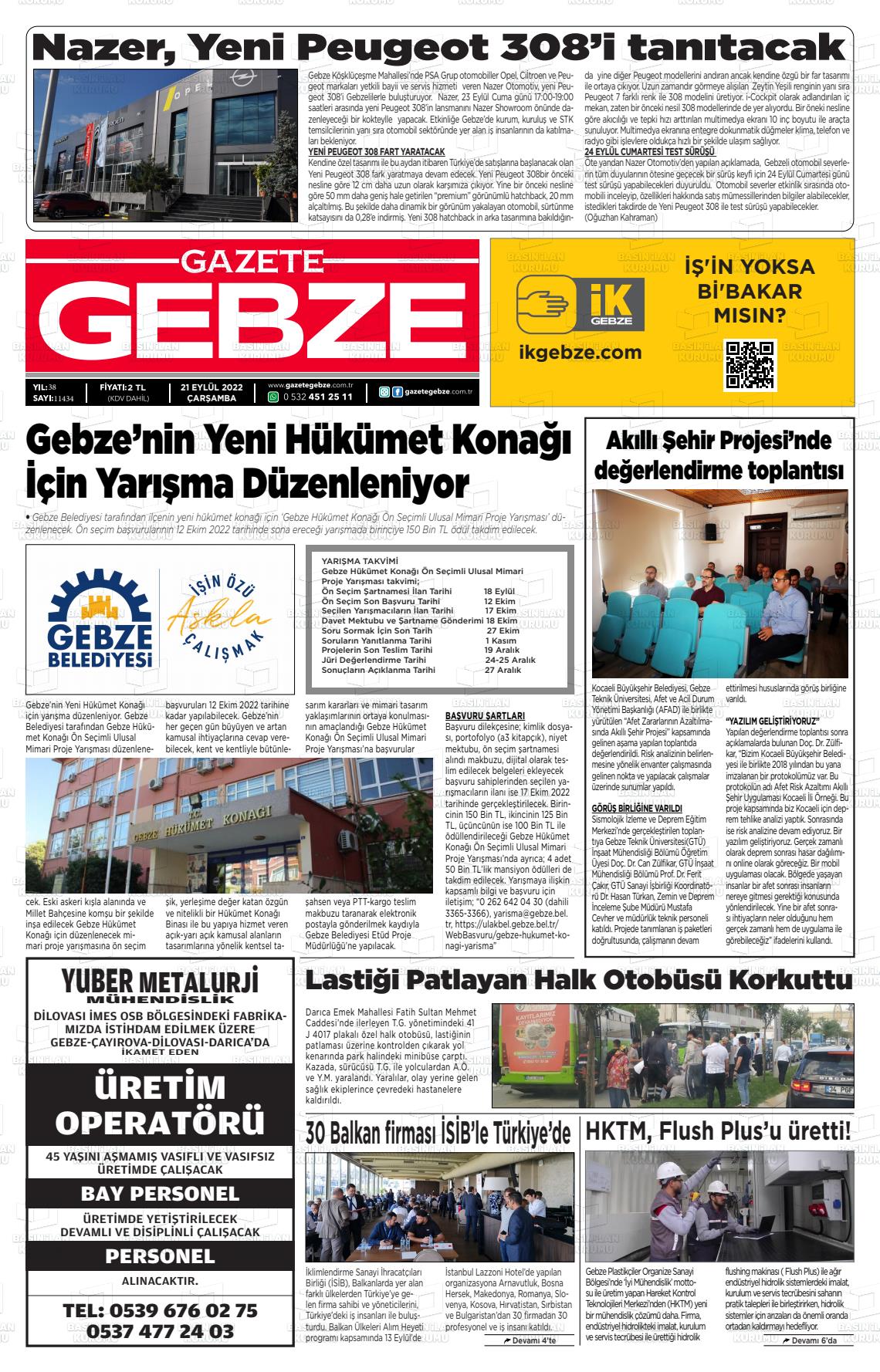 21 Eylül 2022 Gebze Gazete Manşeti