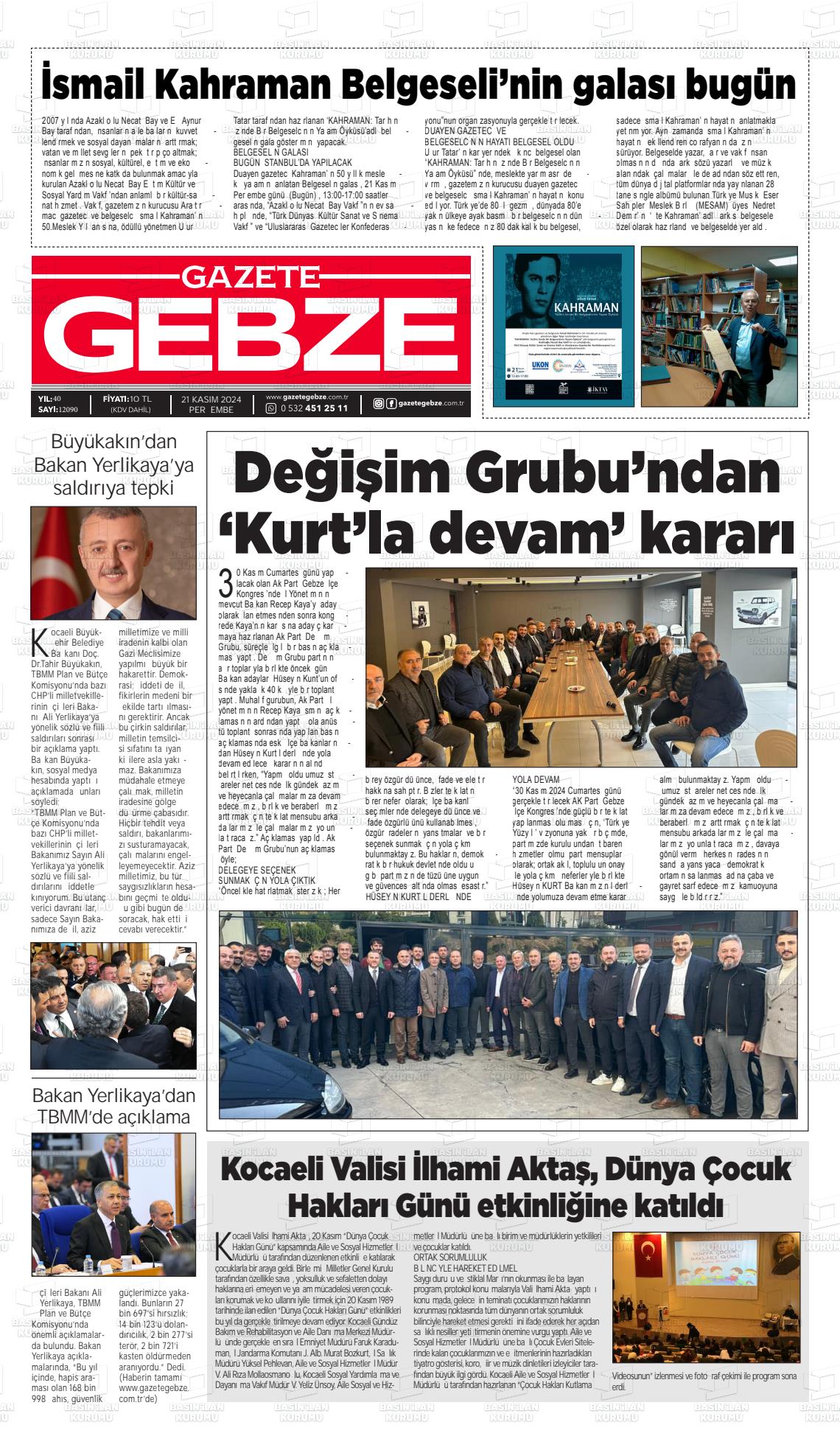 21 Kasım 2024 Gebze Gazete Manşeti