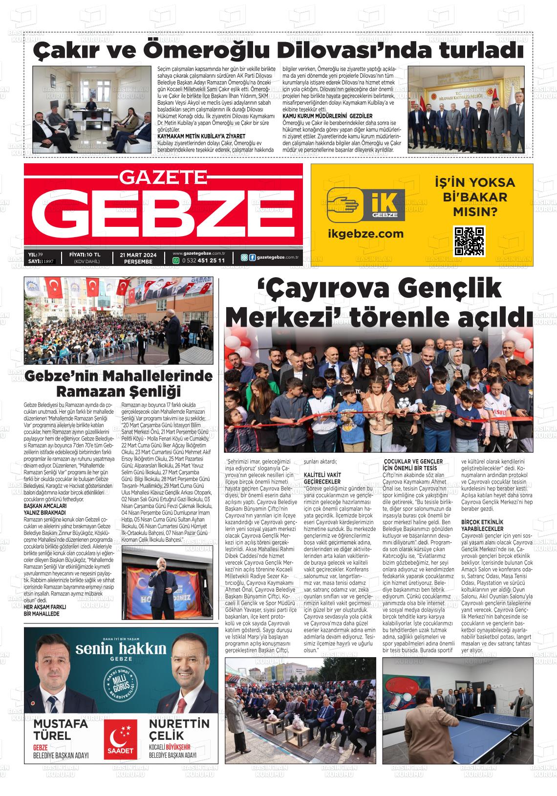 21 Mart 2024 Gebze Gazete Manşeti