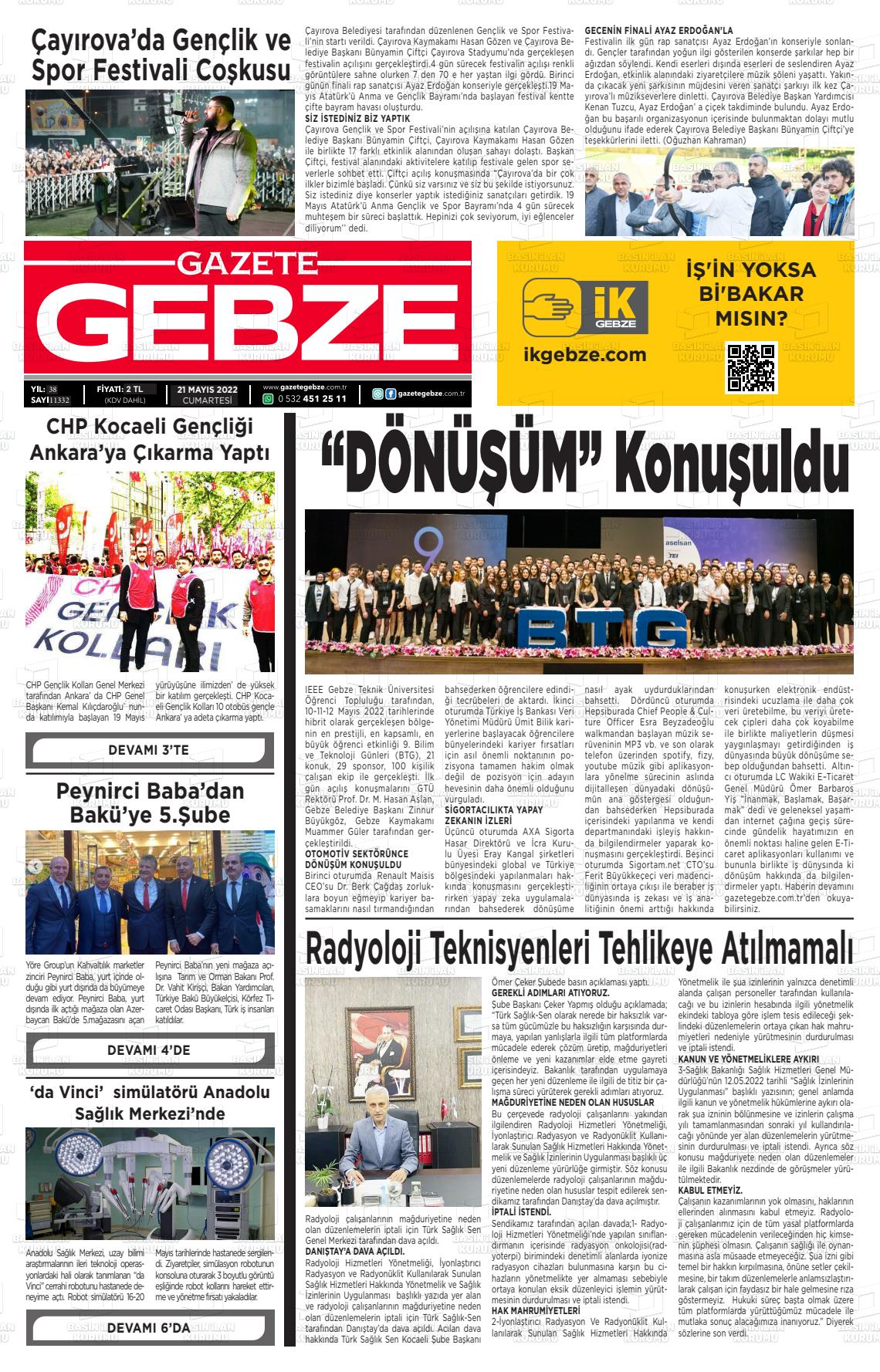 21 Mayıs 2022 Gebze Gazete Manşeti