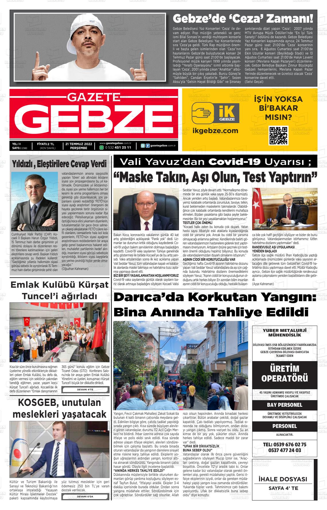 21 Temmuz 2022 Gebze Gazete Manşeti