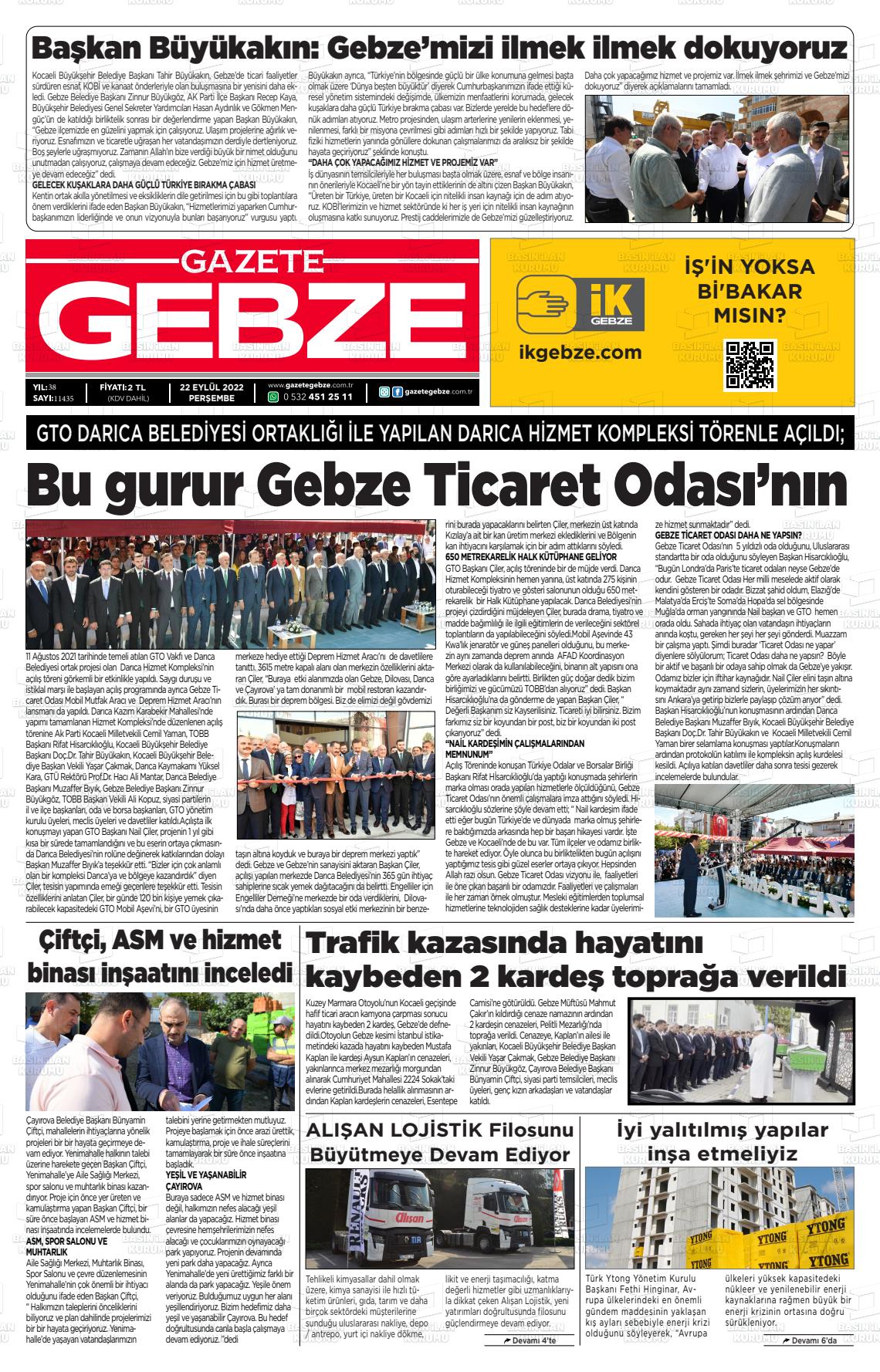 22 Eylül 2022 Gebze Gazete Manşeti