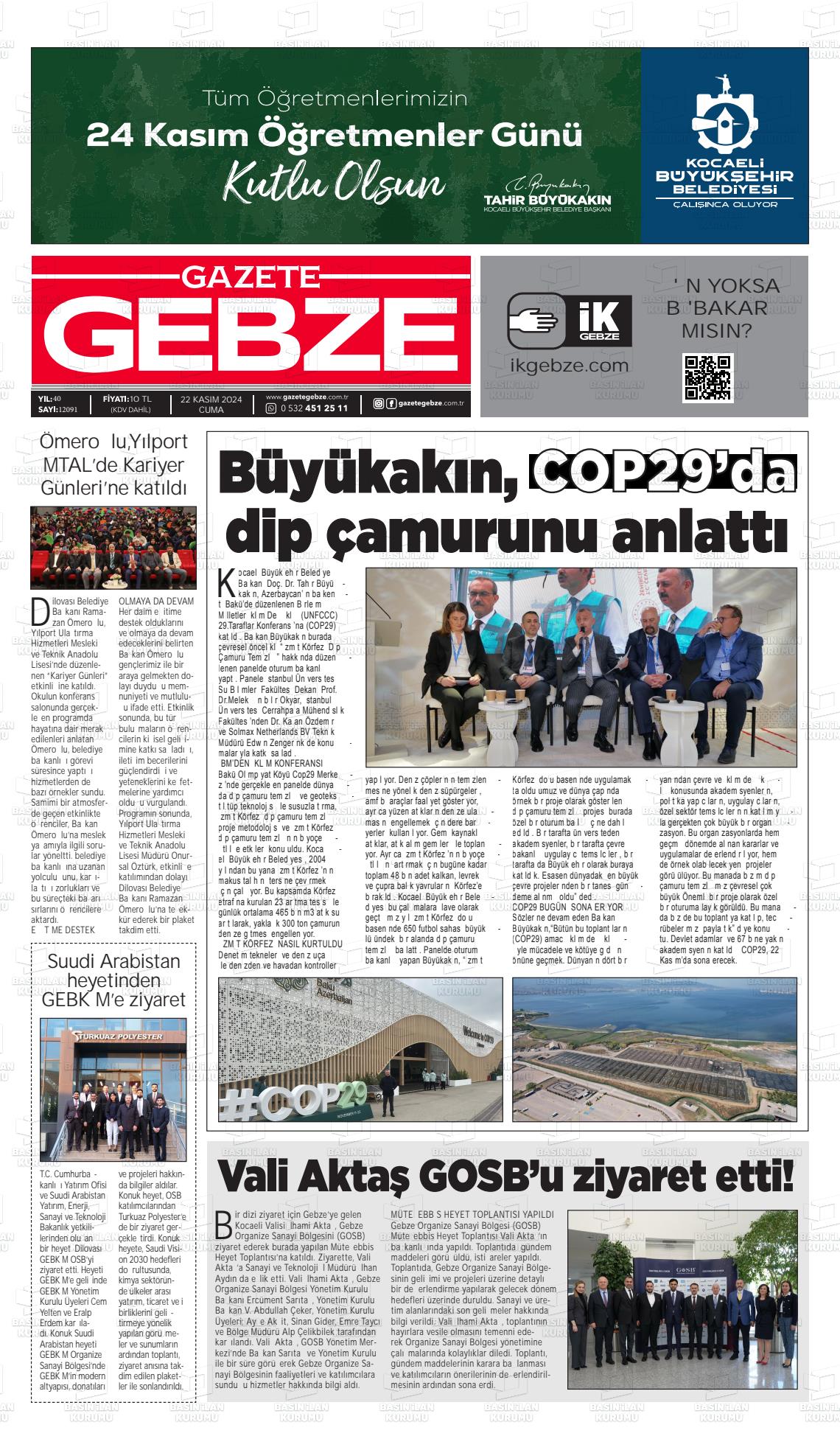 22 Kasım 2024 Gebze Gazete Manşeti