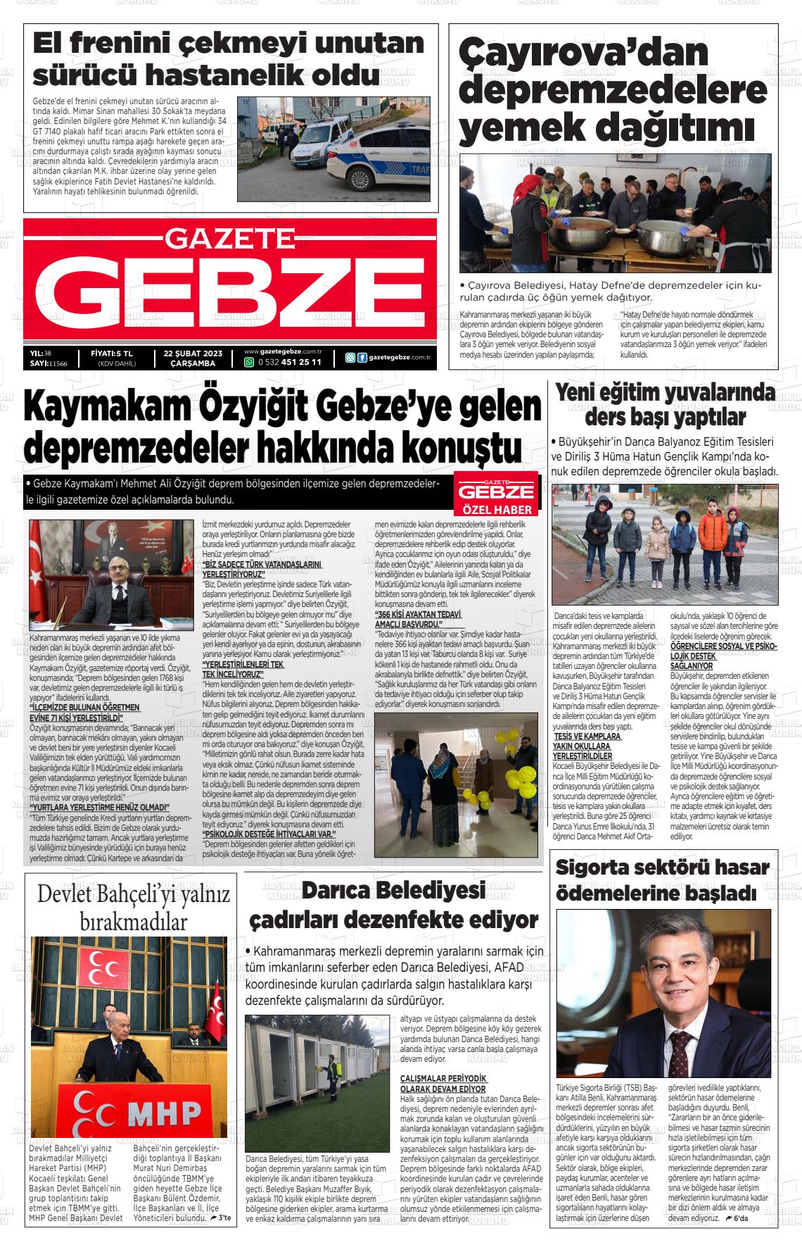 22 Şubat 2023 Gebze Gazete Manşeti