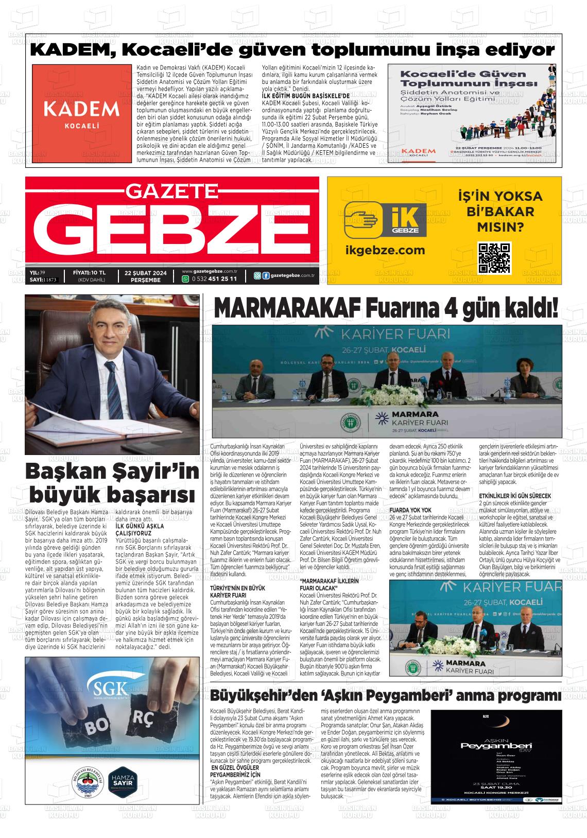 22 Şubat 2024 Gebze Gazete Manşeti