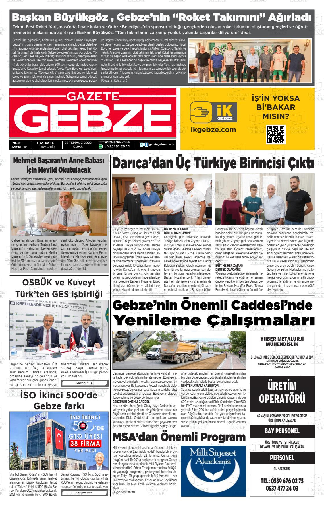 22 Temmuz 2022 Gebze Gazete Manşeti