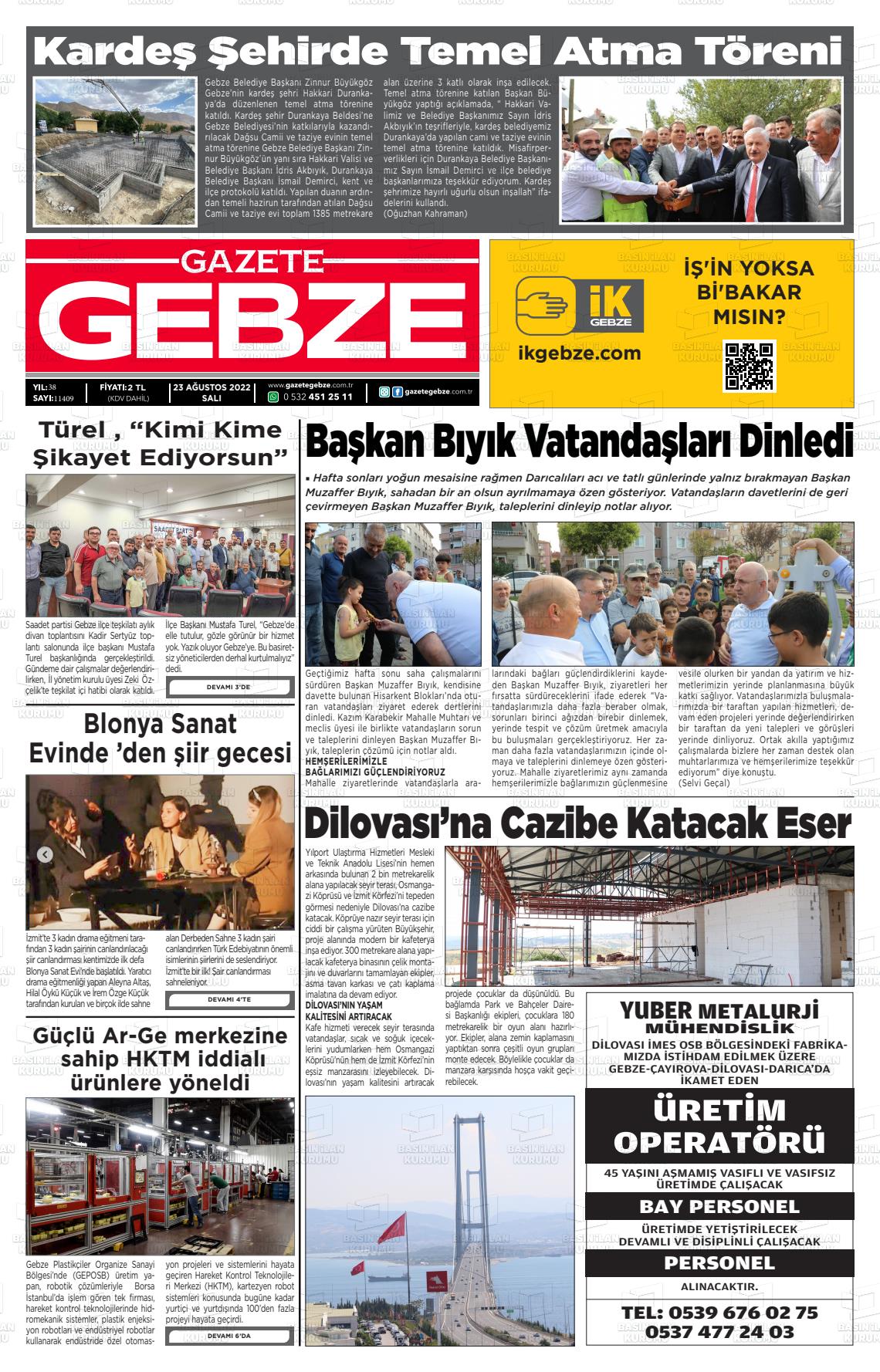 23 Ağustos 2022 Gebze Gazete Manşeti