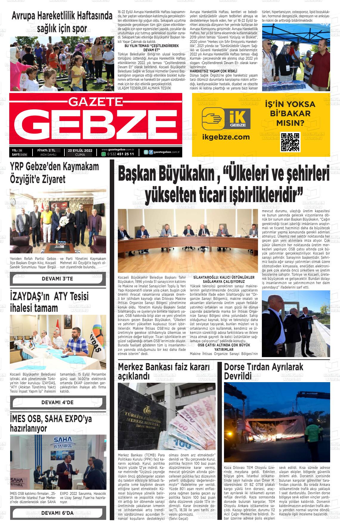 23 Eylül 2022 Gebze Gazete Manşeti