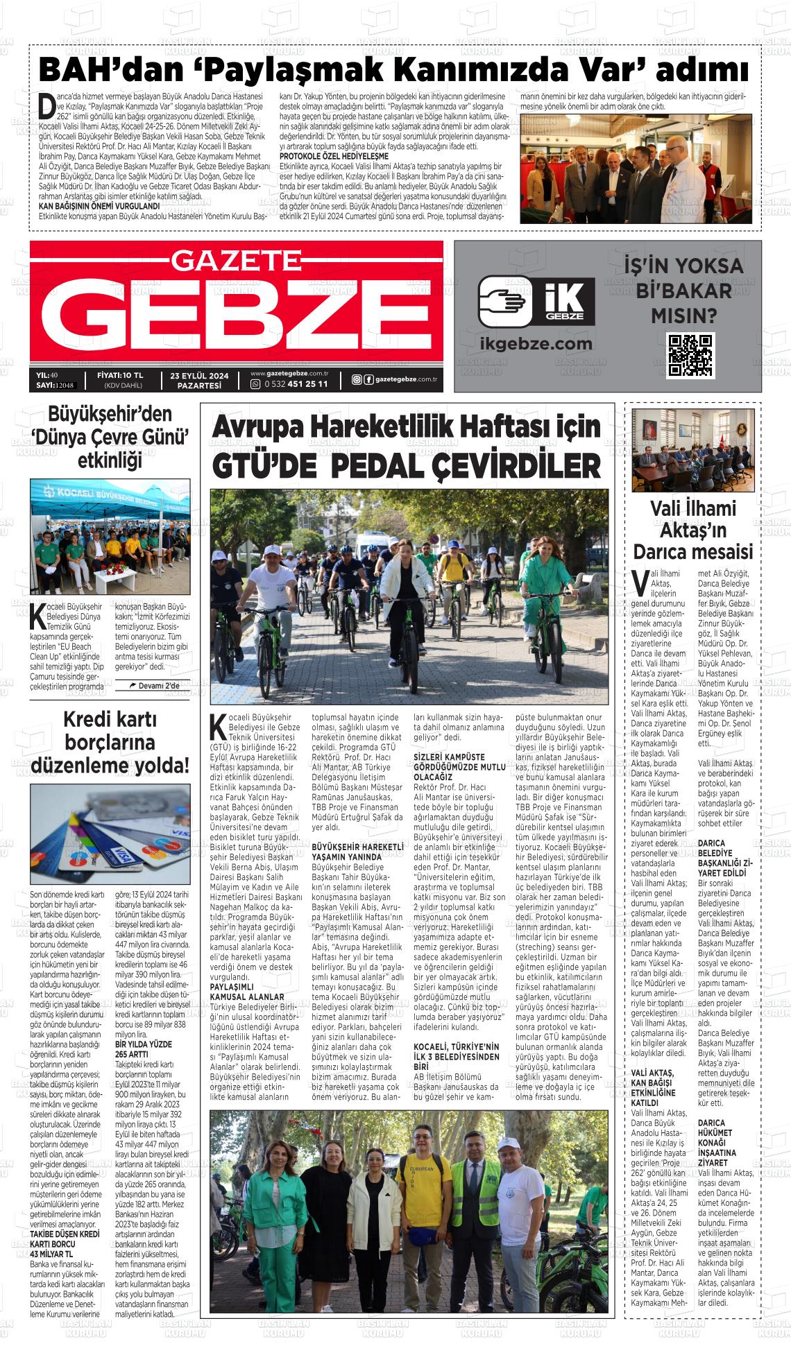 23 Eylül 2024 Gebze Gazete Manşeti