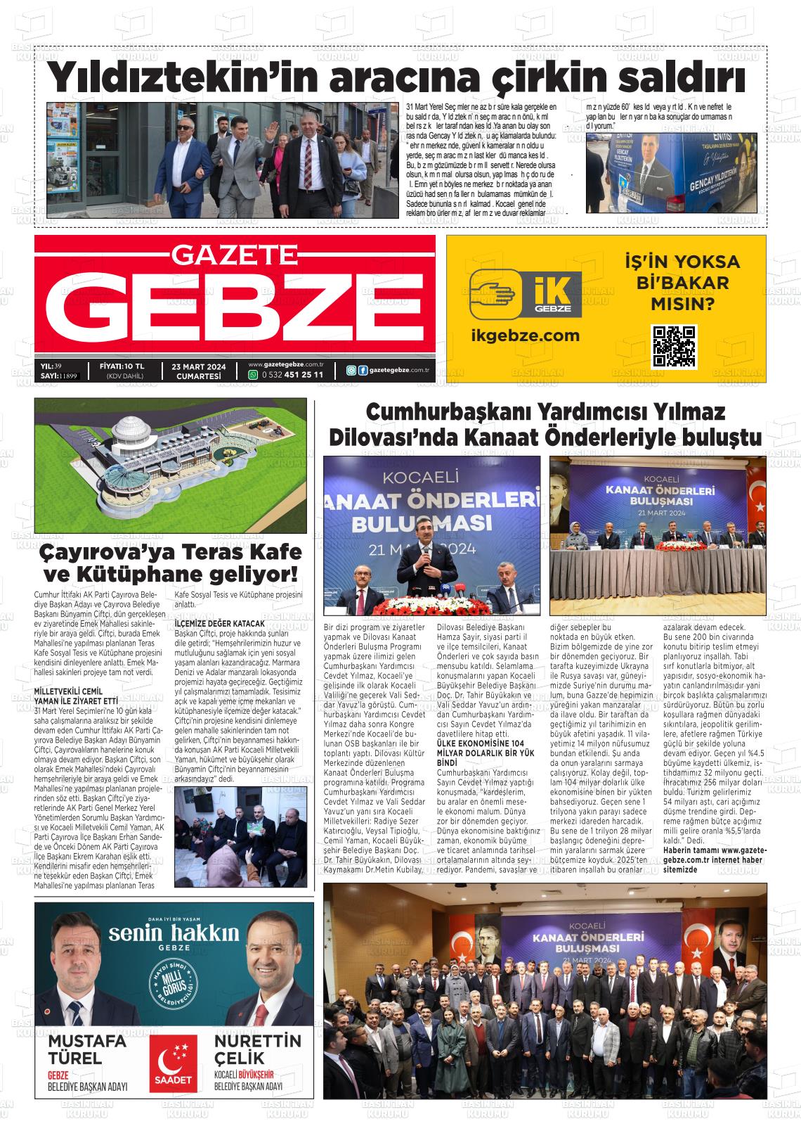 23 Mart 2024 Gebze Gazete Manşeti