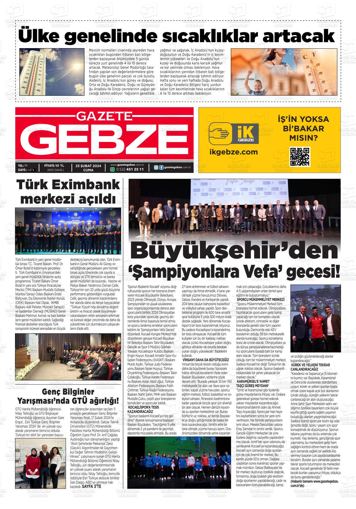 23 Şubat 2024 Gebze Gazete Manşeti