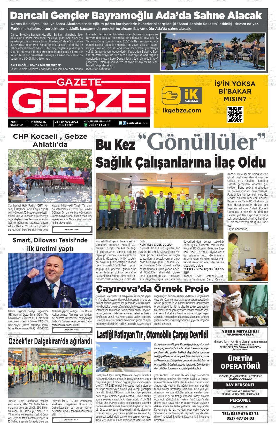 23 Temmuz 2022 Gebze Gazete Manşeti