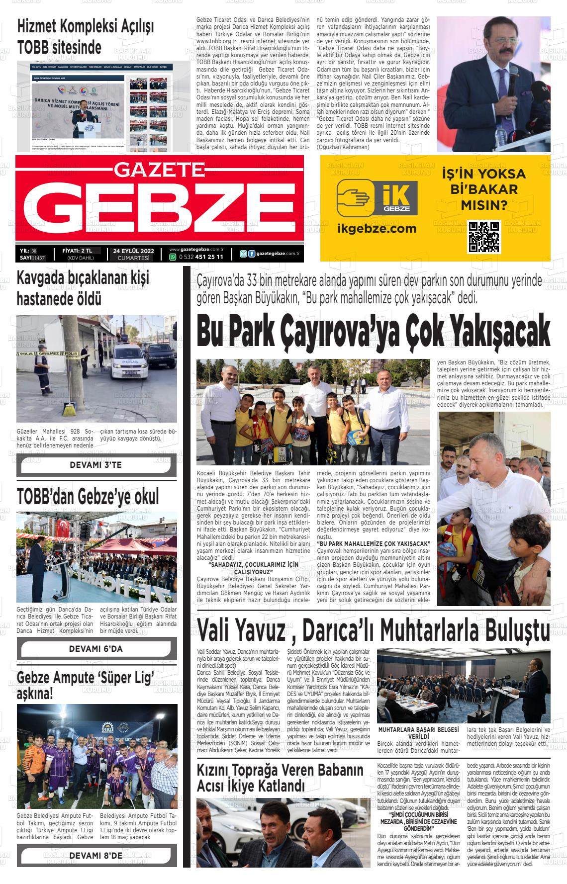 24 Eylül 2022 Gebze Gazete Manşeti