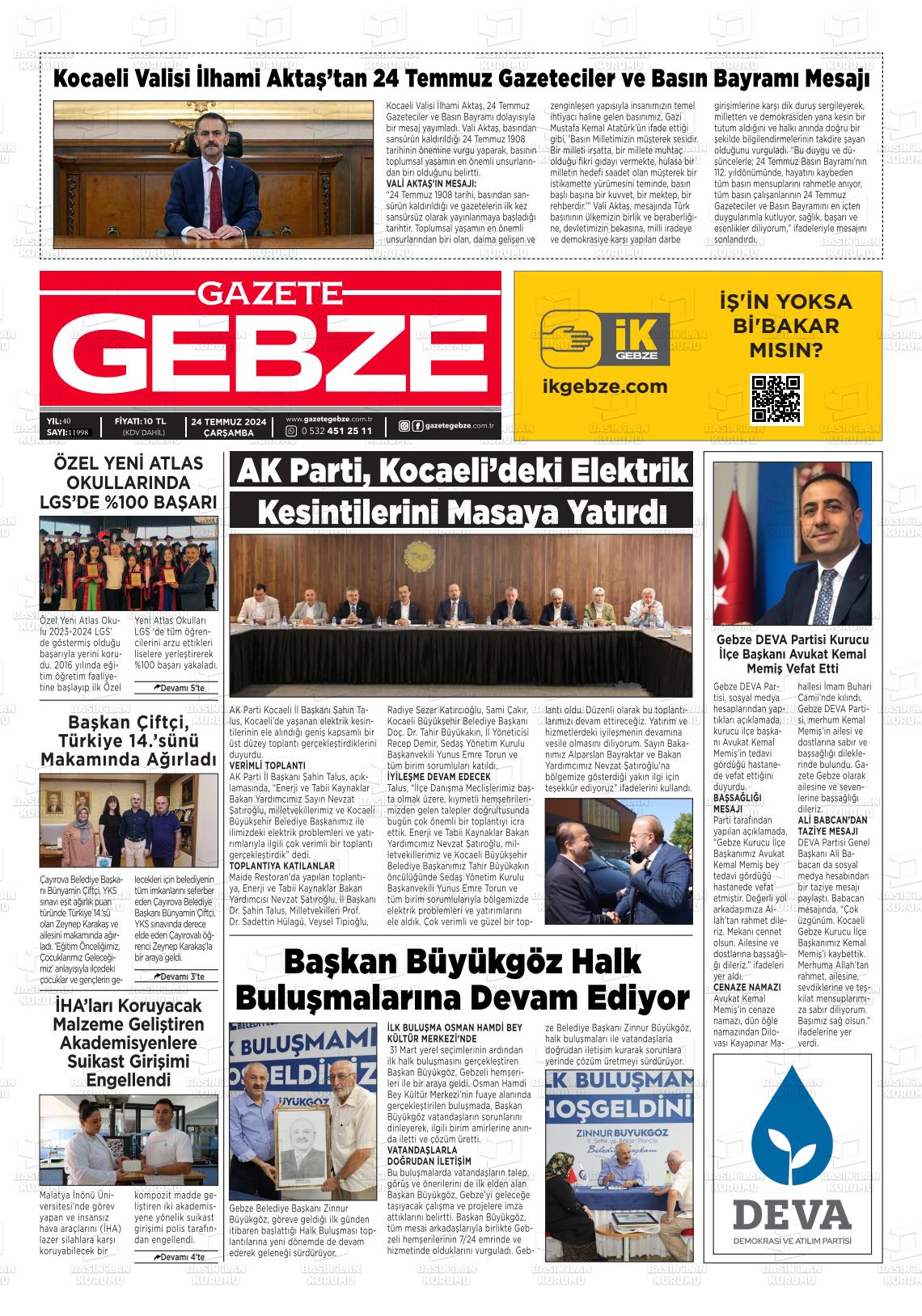 24 Temmuz 2024 Gebze Gazete Manşeti