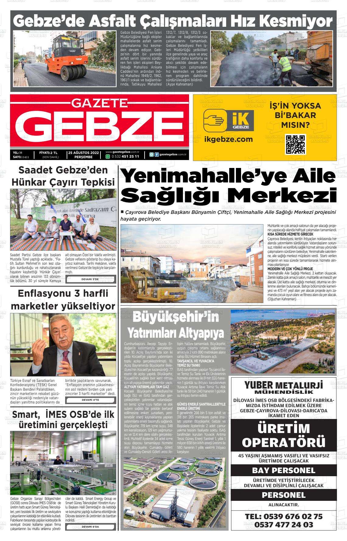 25 Ağustos 2022 Gebze Gazete Manşeti